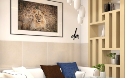 Fotografie Löwe Portrait auf Leinwand im Großformat über Sofa in einem modernem Wohnzimmer