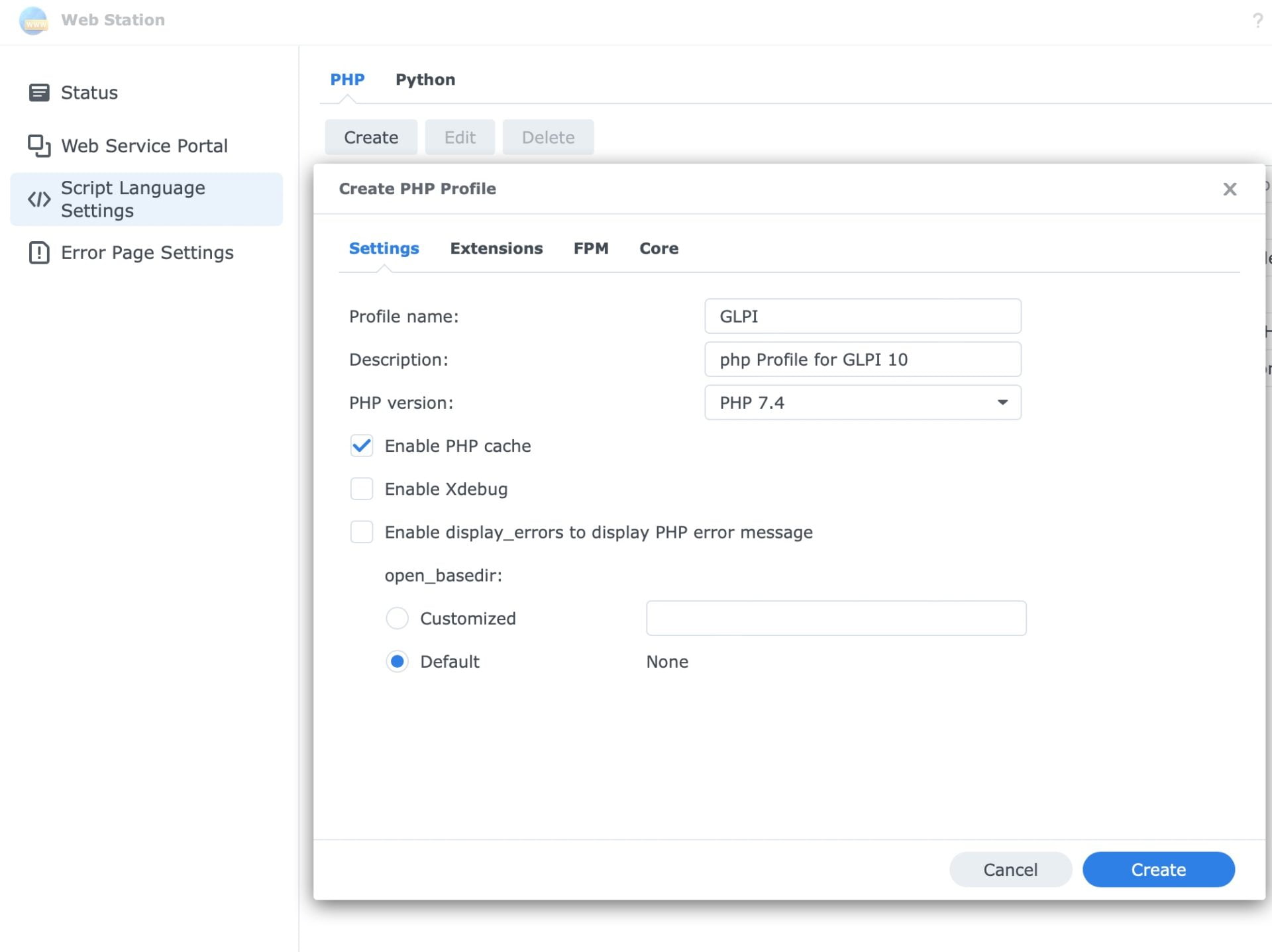 creat php profile for GLPI in Synology web station