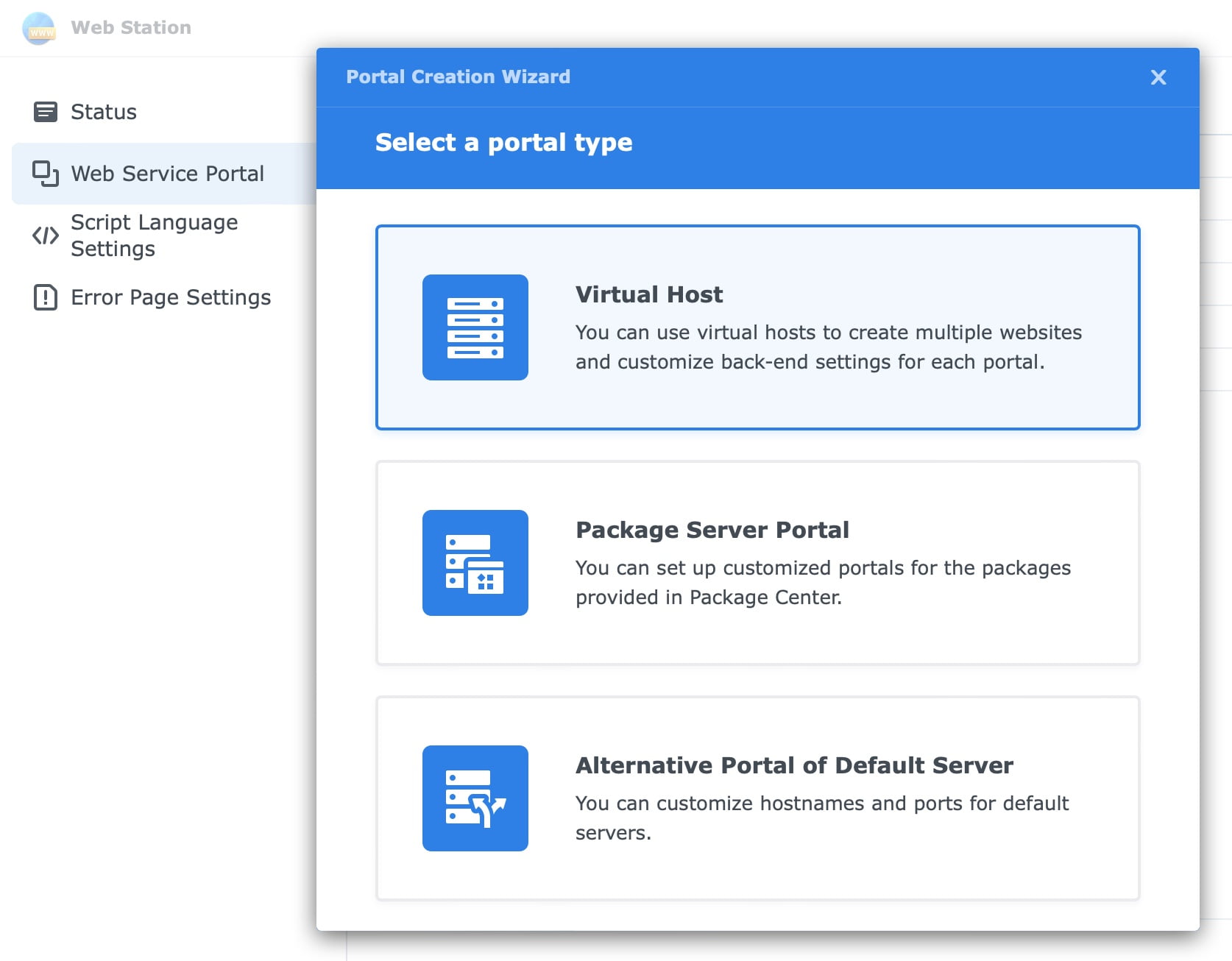 create a new virtual host in Synology DSM 7