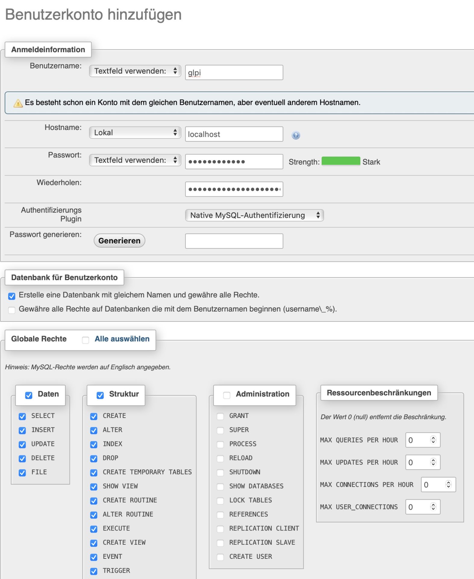 phpmyadmin creat db user and database for GLPI 10